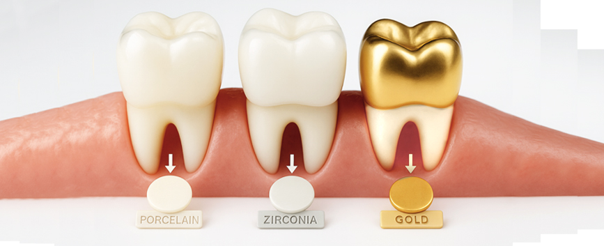an image of the three types of crowns, porcelain, zirconia and gold