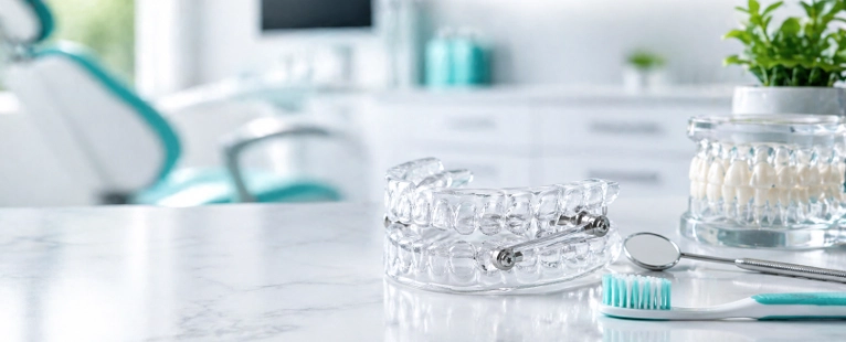 Clear anti-snoring dental appliance on a clean counter in a bright, modern dental clinic.