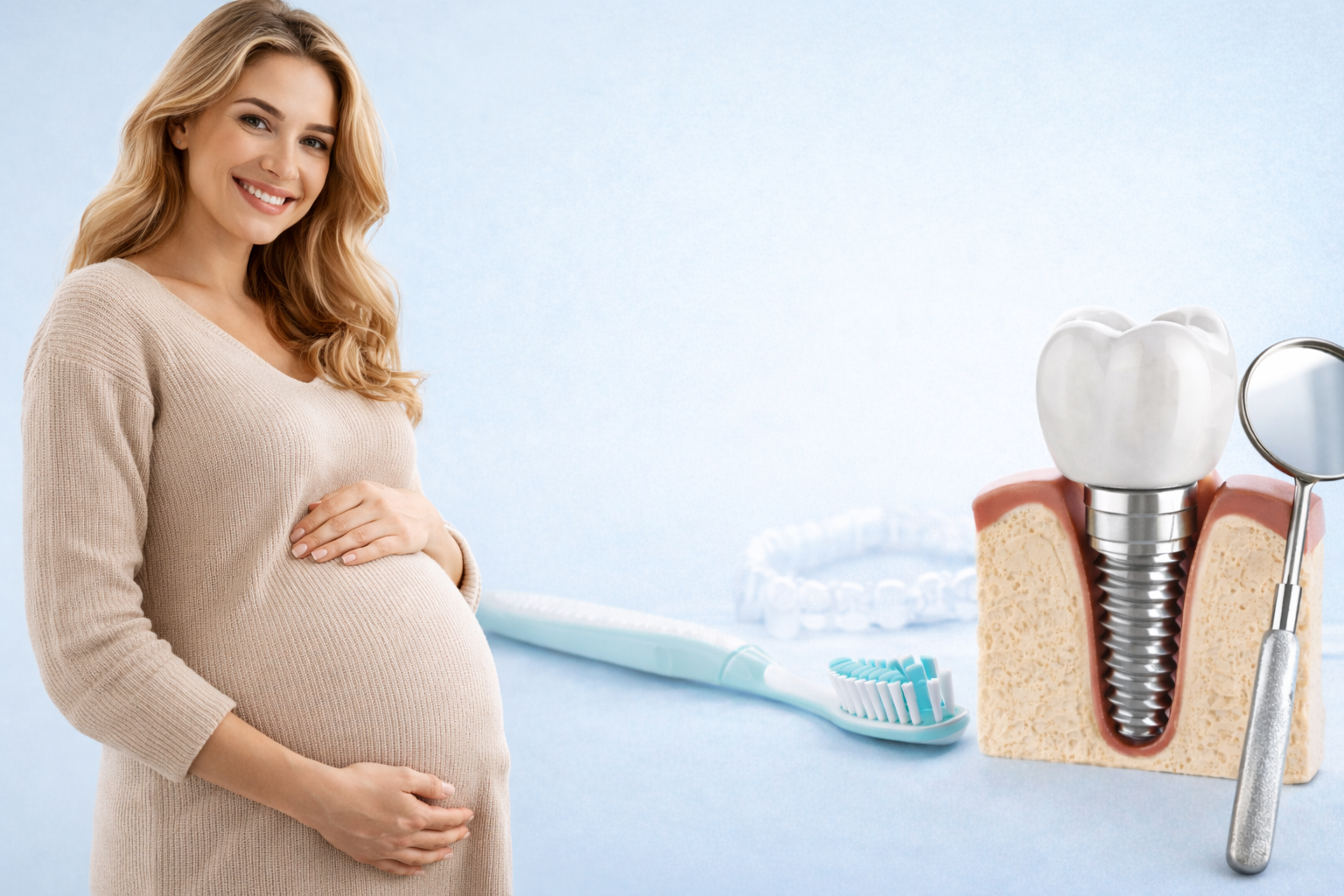 Pregnant woman holding her baby bump beside dental care items and a dental implant model